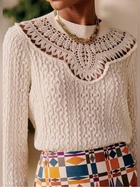 Sezane Alessandro Jumper Women’s XXS Crochet Yoke Pullover Sweater Cream NWT
